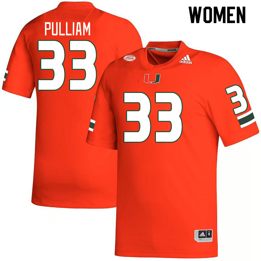 Women #33 Marcellius Pulliam Miami Hurricanes College Football Jerseys Stitched Sale-Orange